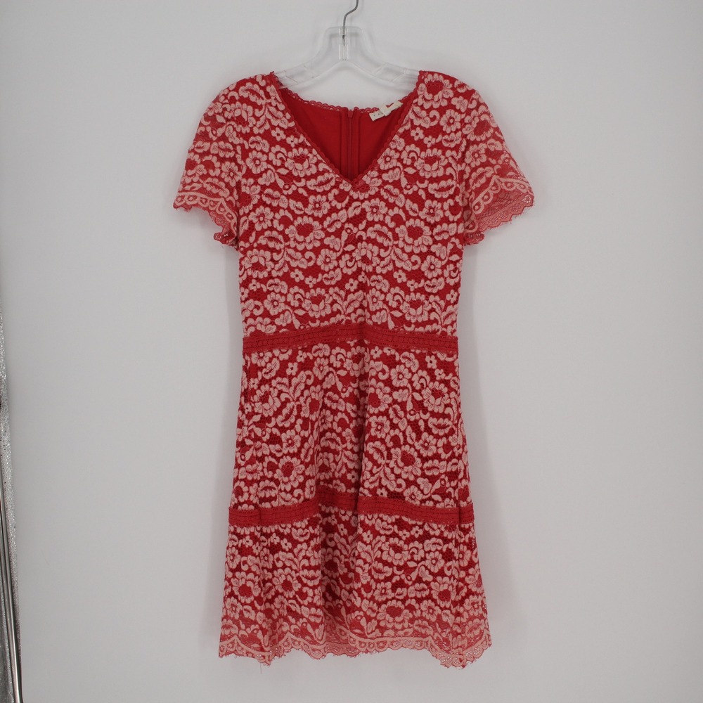 Promesa Women's Red Floral Lace V-Neck Short Sleeve Fit & Flare Dress Size S
